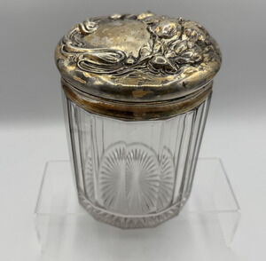 Vintage Crystal Humidor Dresser Jar w/ Silver Tin & copper Lid Large Antique